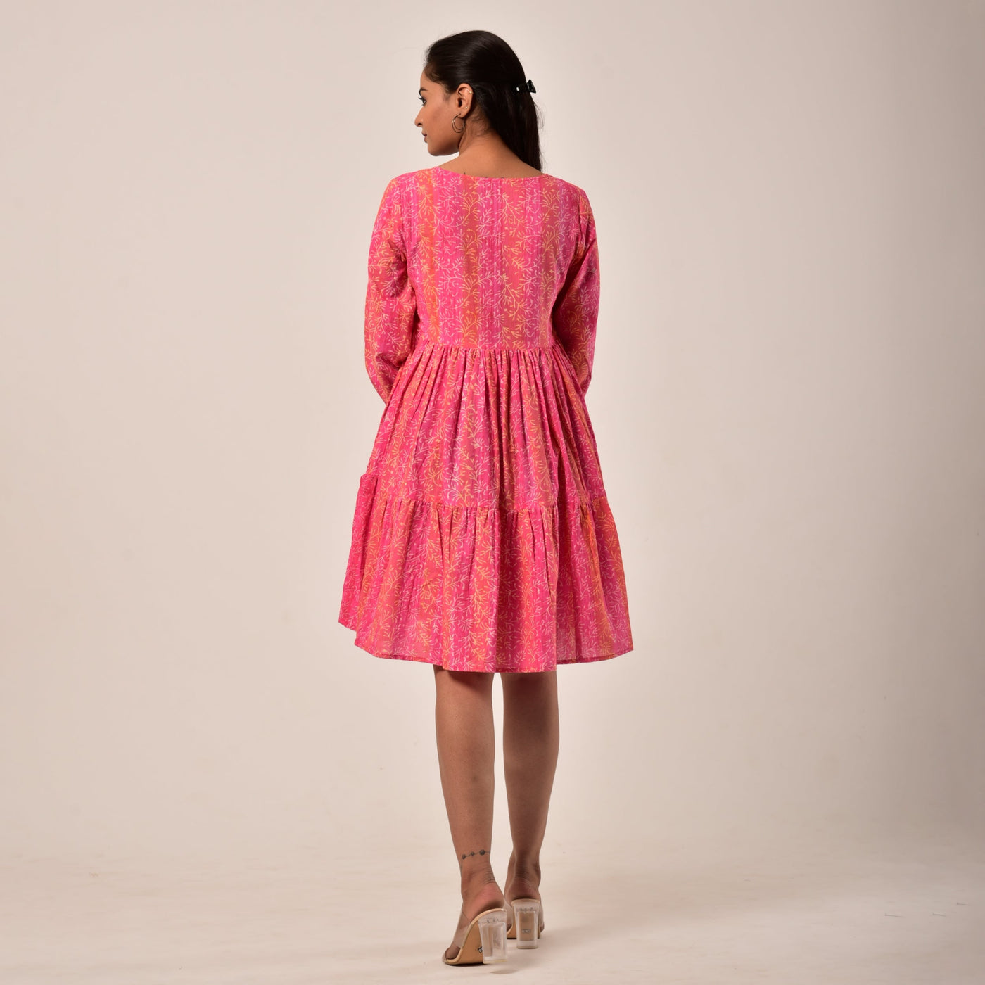 Plus Size- Shades of Pink Hand Block Print Tiered Short Dress with Pockets