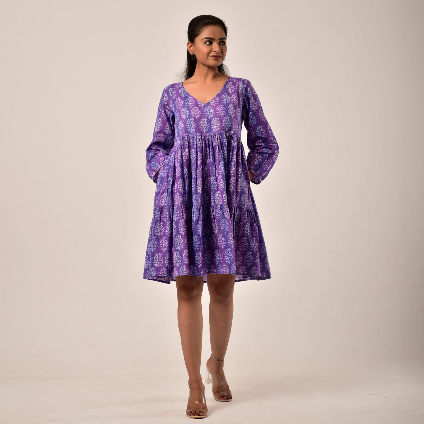 Plus Size- Purple Hand Block Print Tiered Short Dress with Pockets