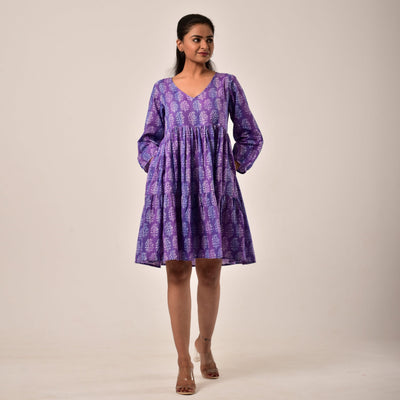 Plus Size- Purple Hand Block Print Tiered Short Dress with Pockets
