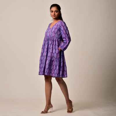 Plus Size- Purple Hand Block Print Tiered Short Dress with Pockets