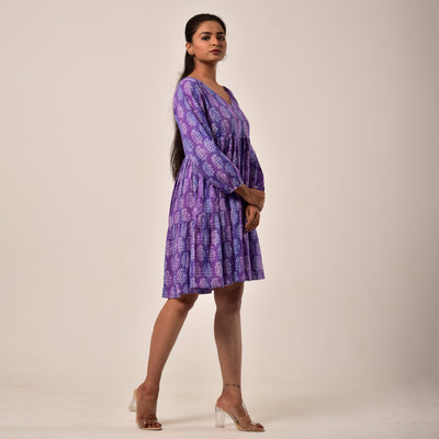Purple Hand Block Print Tiered Short Dress