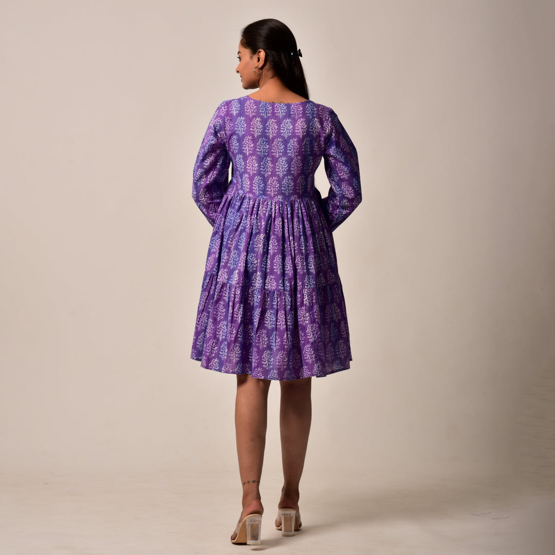 Plus Size- Purple Hand Block Print Tiered Short Dress with Pockets