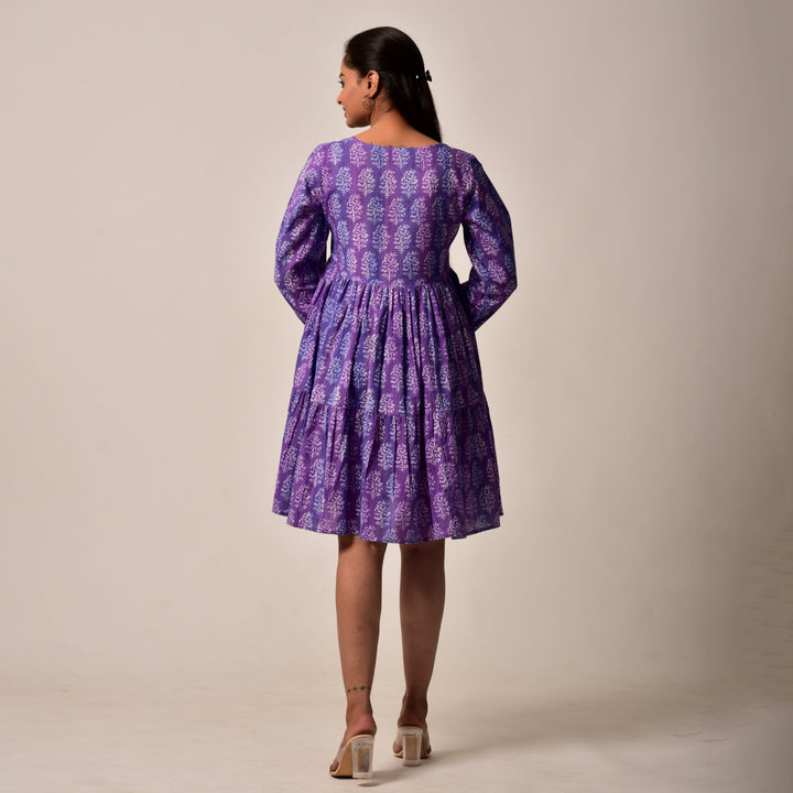Plus Size- Purple Hand Block Print Tiered Short Dress with Pockets