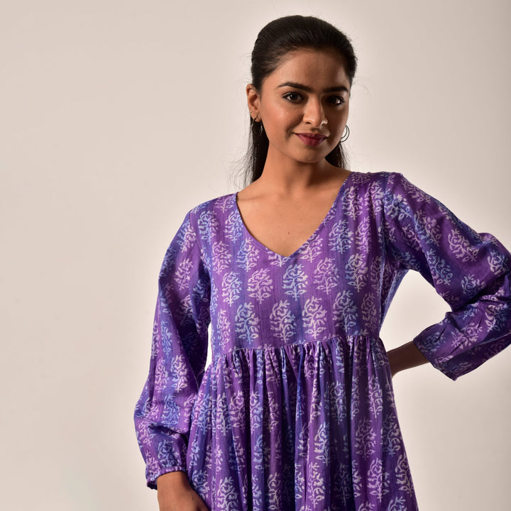 Plus Size- Purple Hand Block Print Tiered Short Dress with Pockets