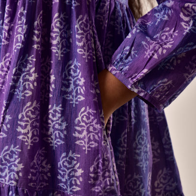Purple Hand Block Print Tiered Short Dress