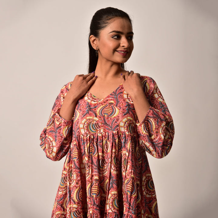 Plus Size- Onion Pink Tiered Short Dress with Pockets