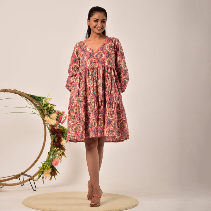 Plus Size- Onion Pink Tiered Short Dress with Pockets