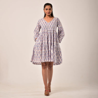 Plus Size-White Booti Hand Block Print Tiered Short Dress with Pockets