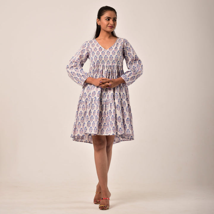 Plus Size-White Booti Hand Block Print Tiered Short Dress with Pockets