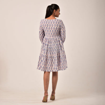Plus Size-White Booti Hand Block Print Tiered Short Dress with Pockets