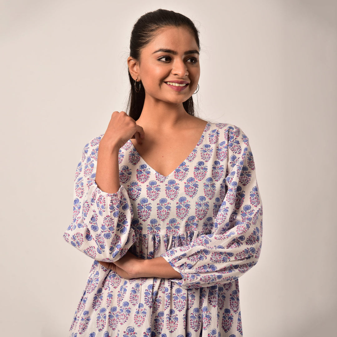 Plus Size-White Booti Hand Block Print Tiered Short Dress with Pockets