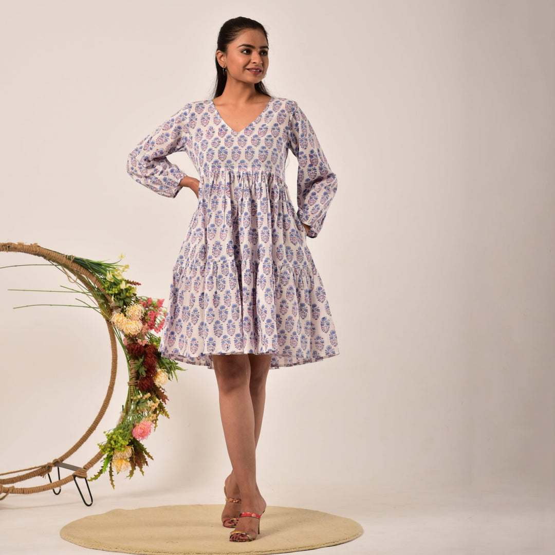 Plus Size-White Booti Hand Block Print Tiered Short Dress with Pockets