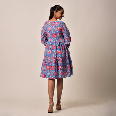 Plus Size- Red Flower on Blue Tiered Short Dress