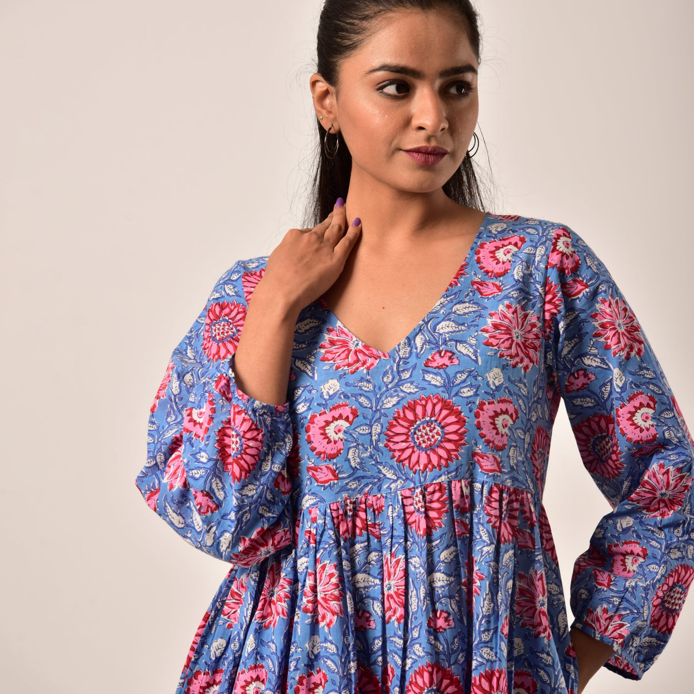 Plus Size- Red Flower on Blue Tiered Short Dress