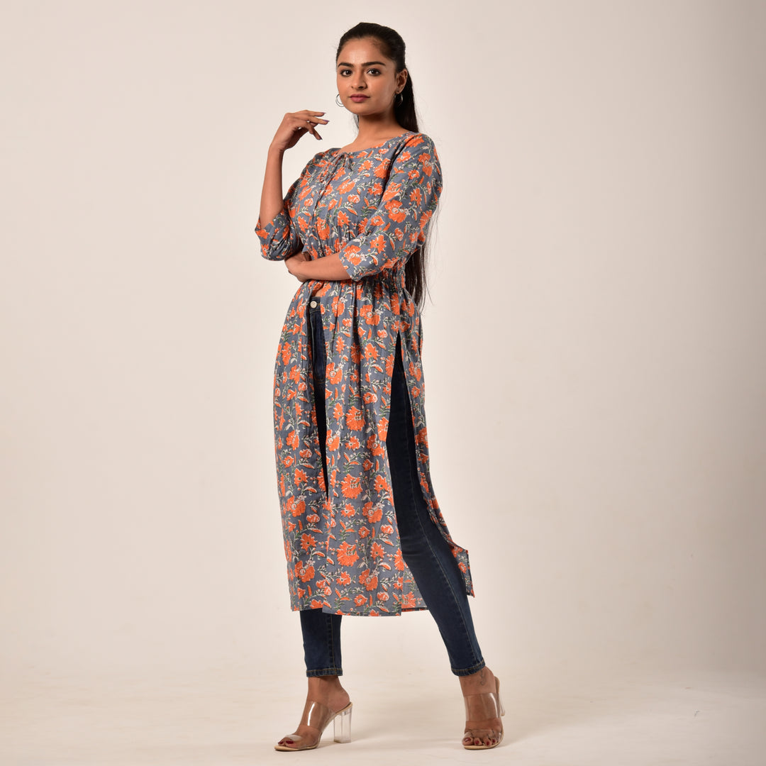 Grey-Orange Side and Front Slit Cotton Longline Maxi Top