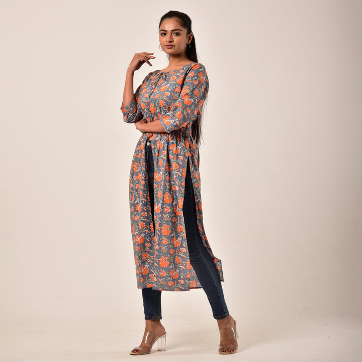 Grey-Orange Side and Front Slit Cotton Longline Maxi Top