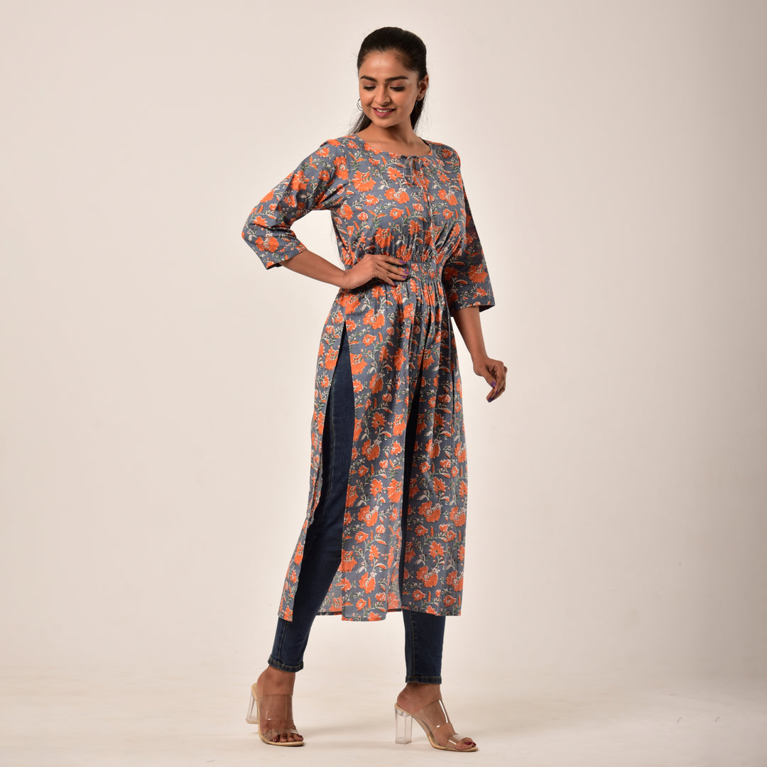 Grey-Orange Side and Front Slit Cotton Longline Maxi Top