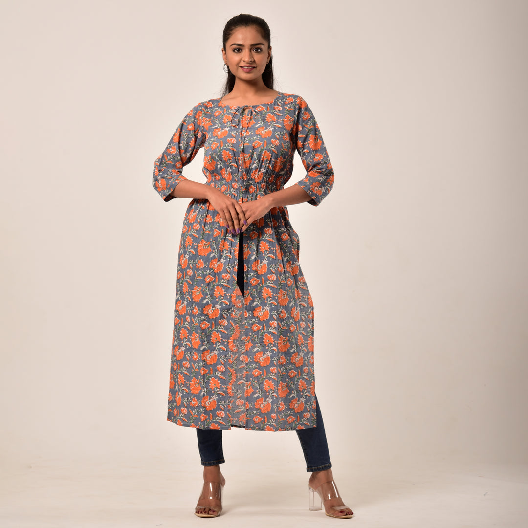 Grey-Orange Side and Front Slit Cotton Longline Maxi Top