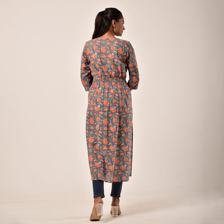 Grey-Orange Side and Front Slit Cotton Longline Maxi Top