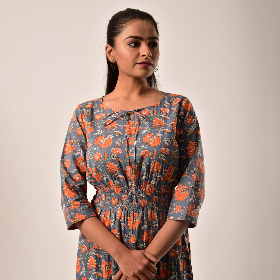 Grey-Orange Side and Front Slit Cotton Longline Maxi Top