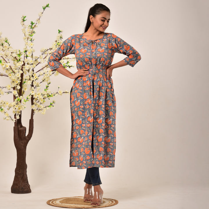 Grey-Orange Side and Front Slit Cotton Longline Maxi Top