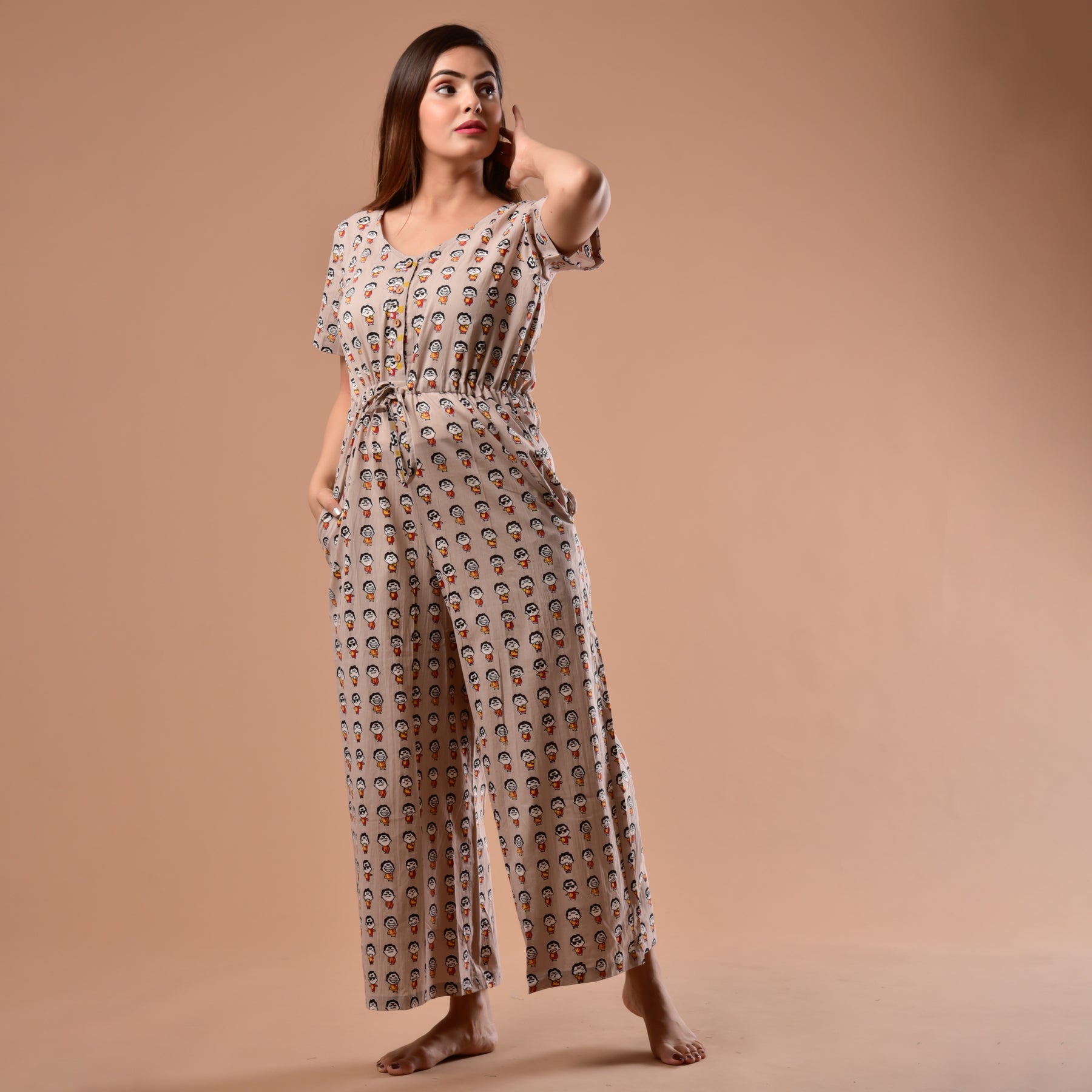 Brown Emoji Waist Tie-Up Jumpsuit – Fashiana