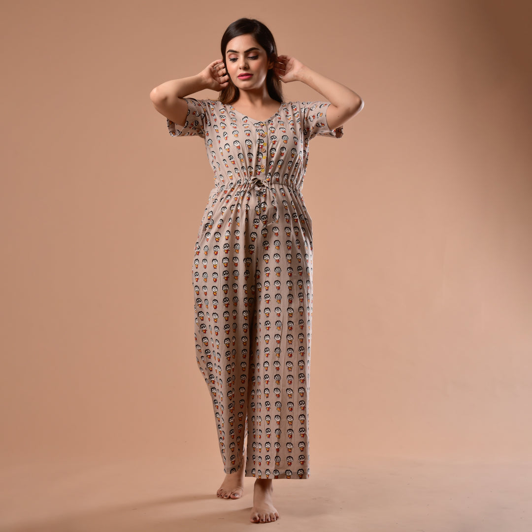 Brown Emoji Waist Tie-Up Jumpsuit