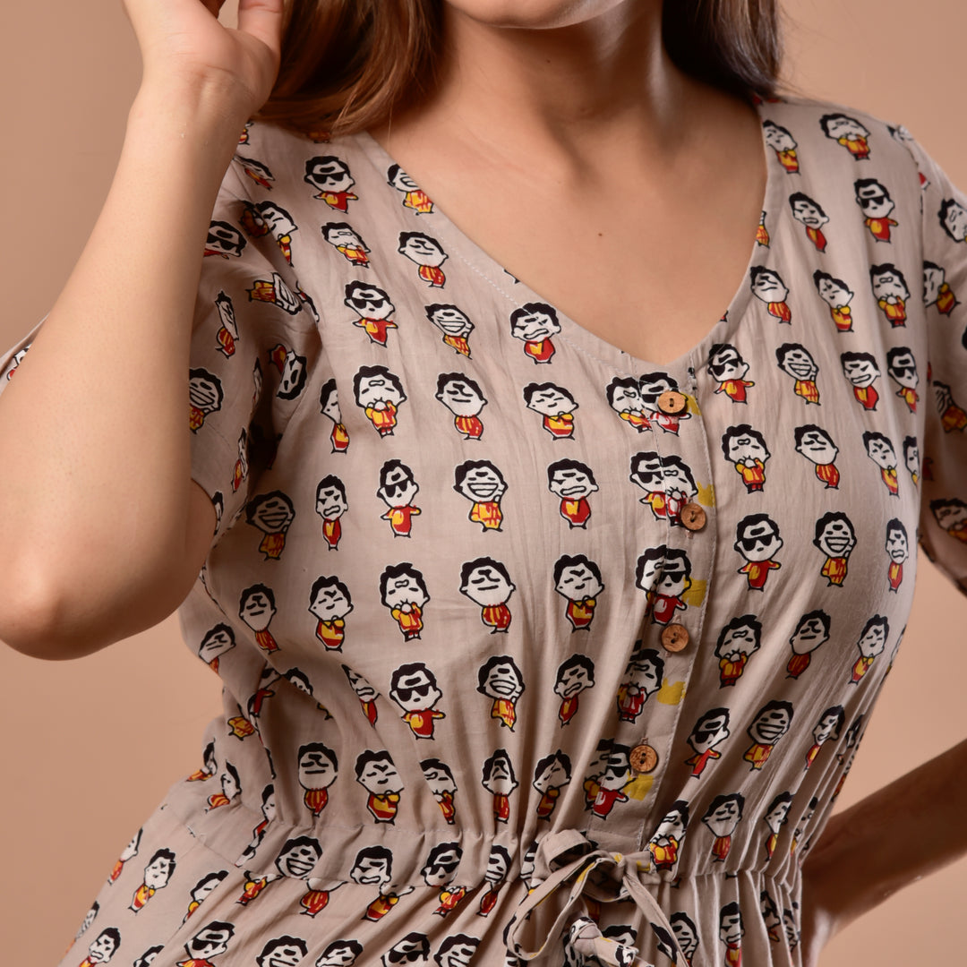 Brown Emoji Waist Tie-Up Jumpsuit