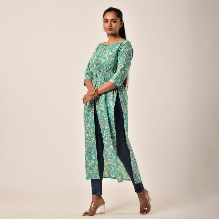 Green Side and Front Slit Cotton Longline Maxi Top
