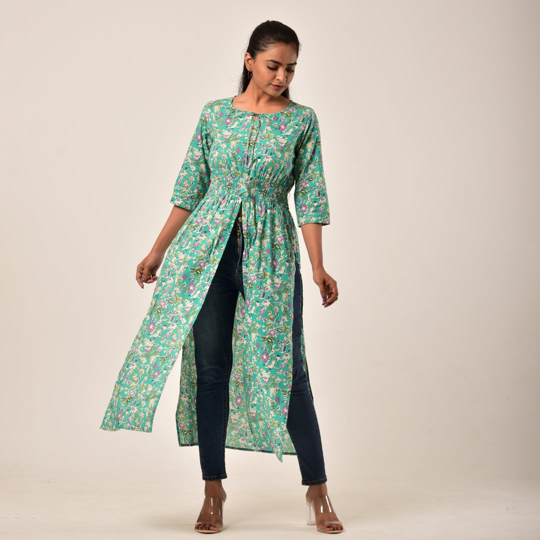 Green Side and Front Slit Cotton Longline Maxi Top