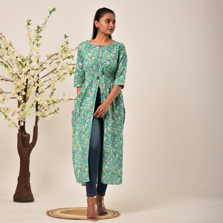 Green Side and Front Slit Cotton Longline Maxi Top