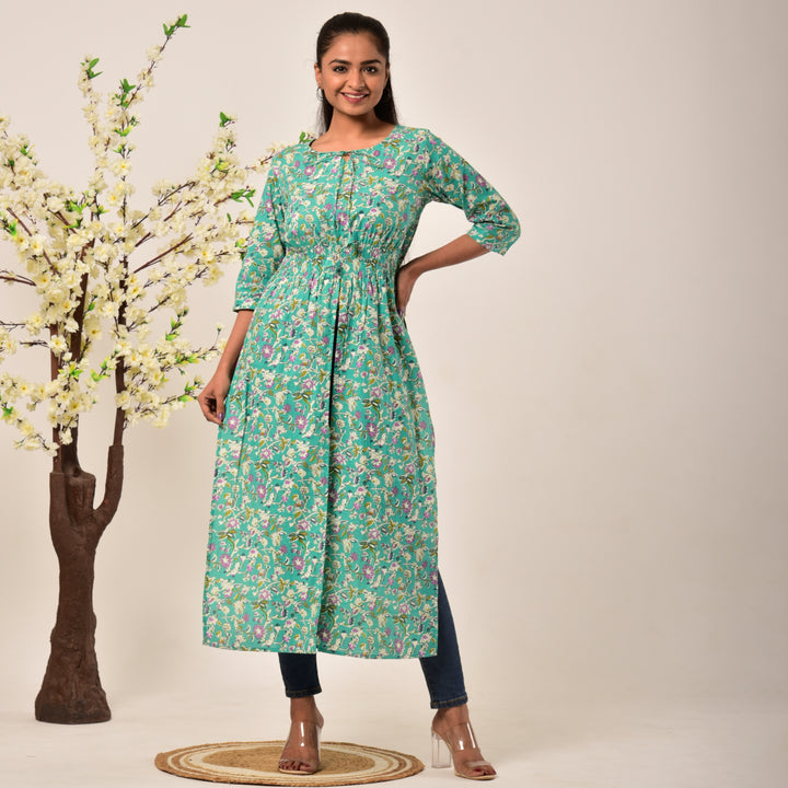 Green Side and Front Slit Cotton Longline Maxi Top