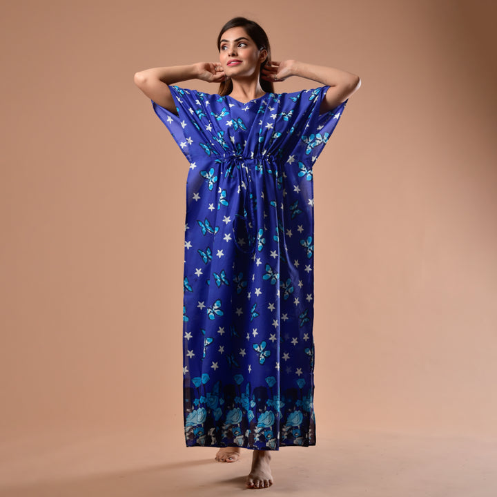 Blue Butterfly Print Long Kaftan