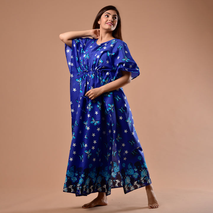 Blue Butterfly Print Long Kaftan