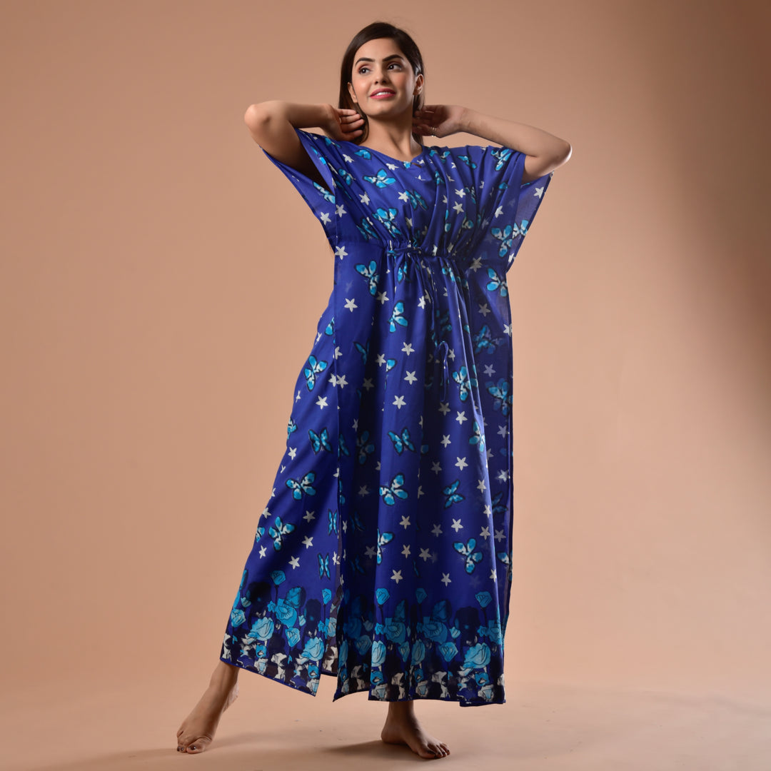 Blue Butterfly Print Long Kaftan