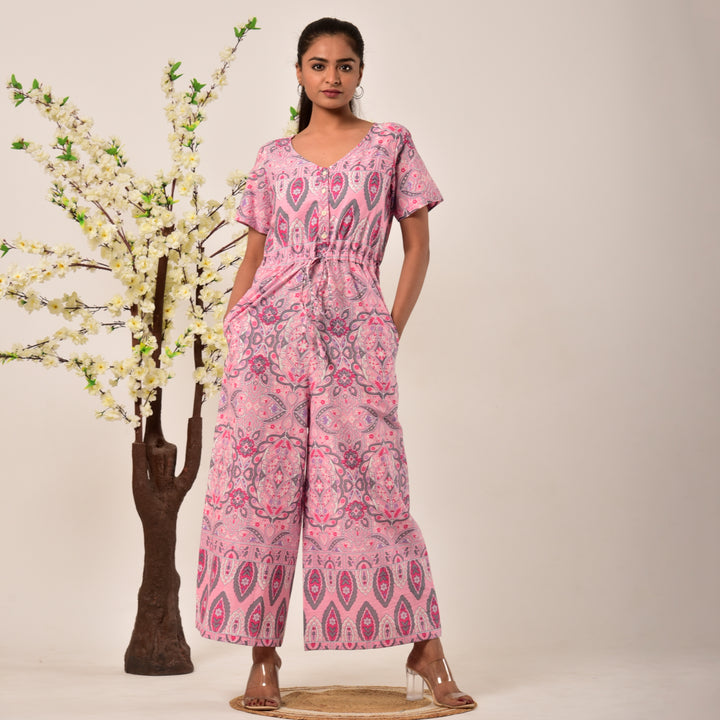 Cotton Pink Handlook Waist Tie Up Jumpsuit