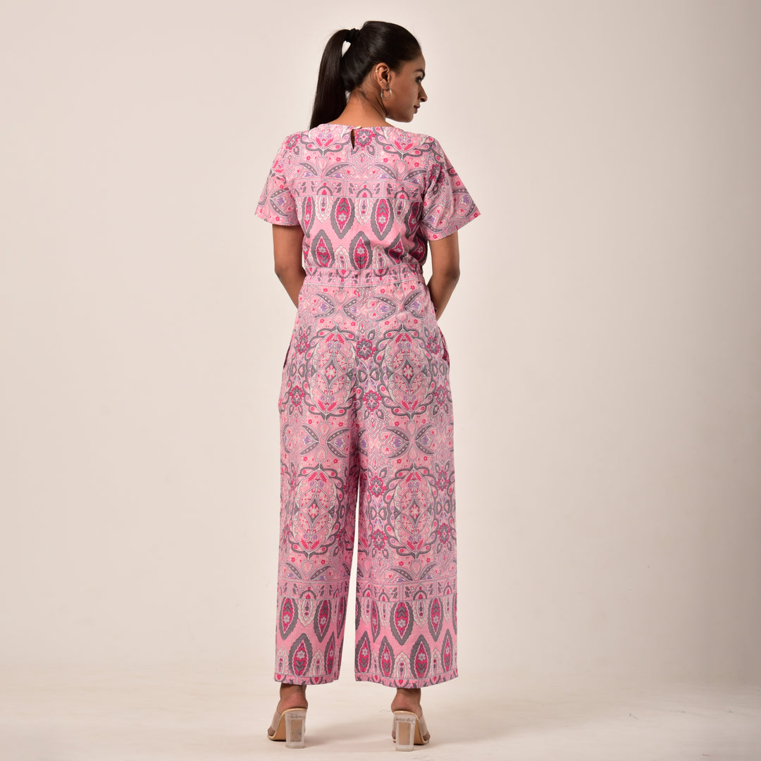 Cotton Pink Handlook Waist Tie Up Jumpsuit
