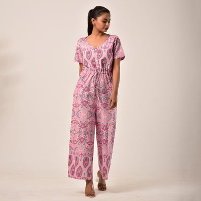 Cotton Pink Handlook Waist Tie Up Jumpsuit