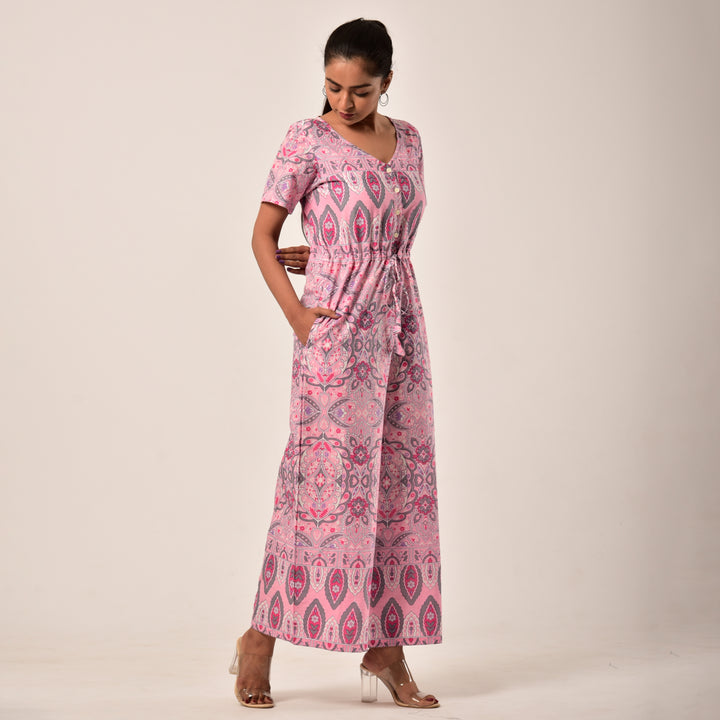 Cotton Pink Handlook Waist Tie Up Jumpsuit