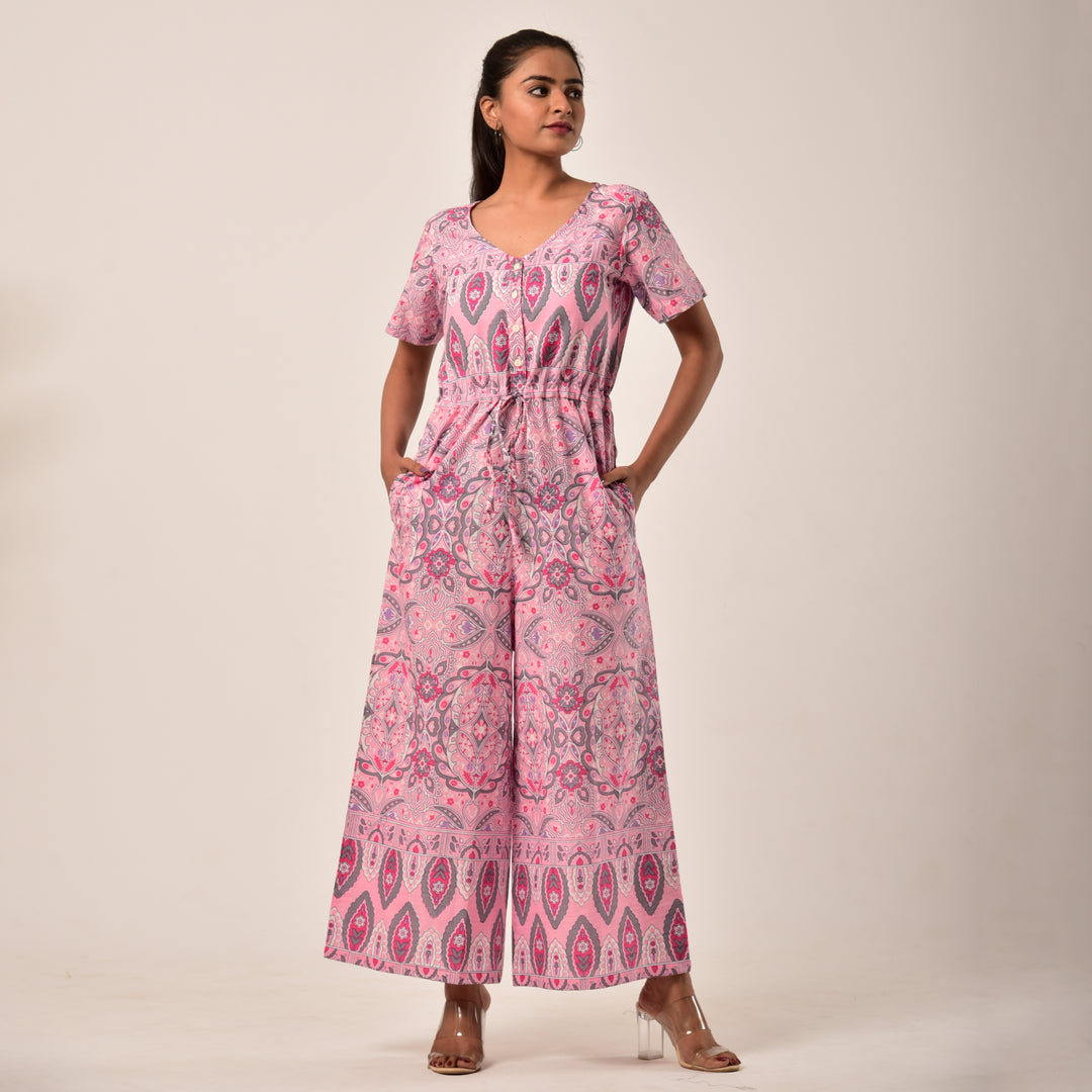 Cotton Pink Handlook Waist Tie Up Jumpsuit