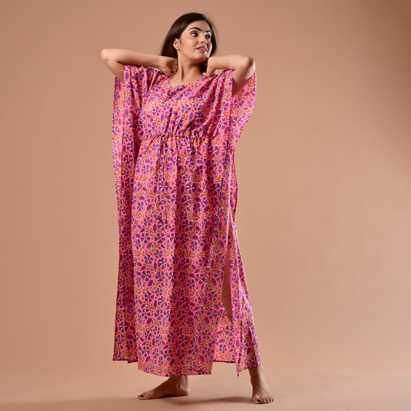 Light Pink Flower Long Kaftan