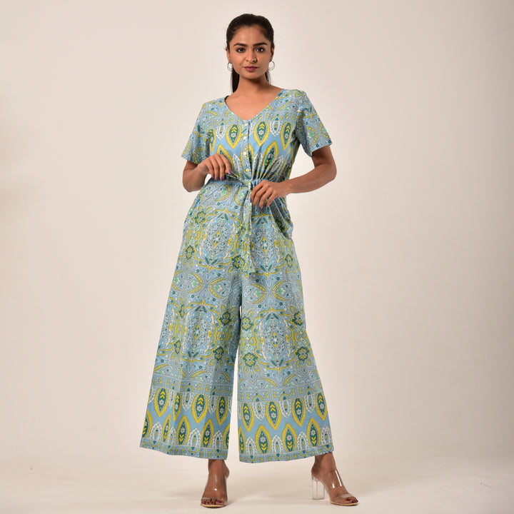 Cotton Sky Blue Handlook Waist Tie Up Jumpsuit