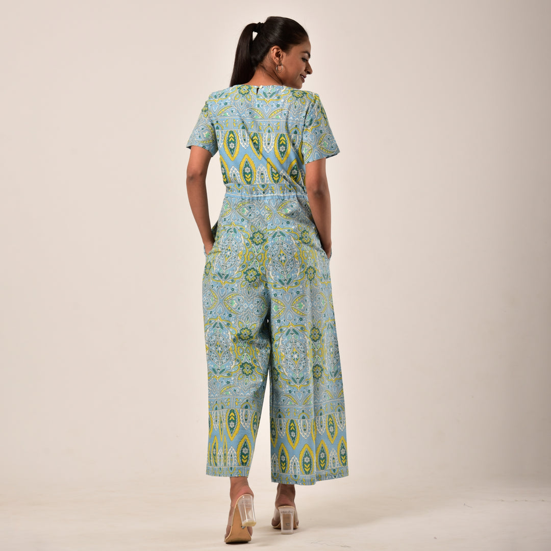 Cotton Sky Blue Handlook Waist Tie Up Jumpsuit