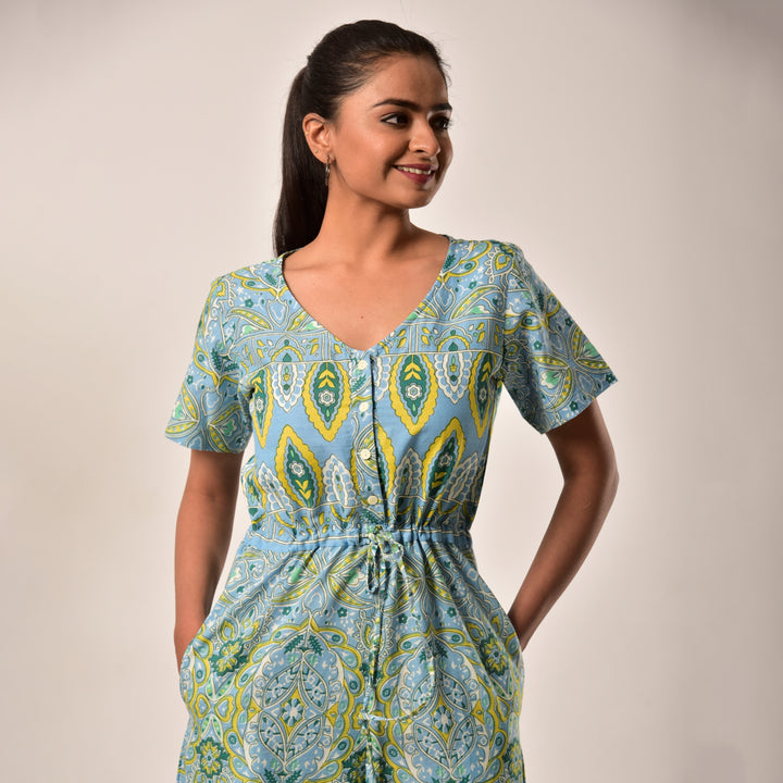 Cotton Sky Blue Handlook Waist Tie Up Jumpsuit