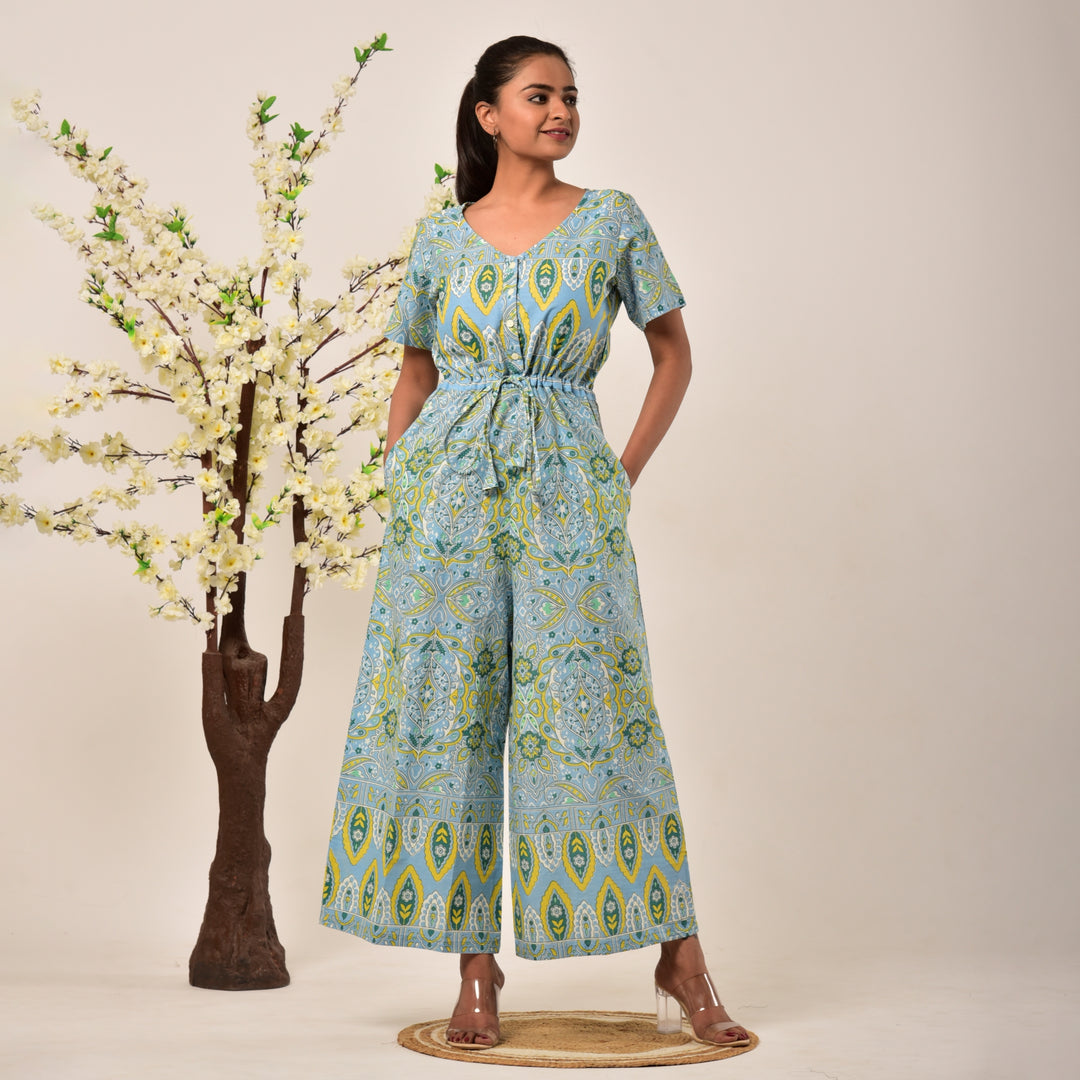 Cotton Sky Blue Handlook Waist Tie Up Jumpsuit