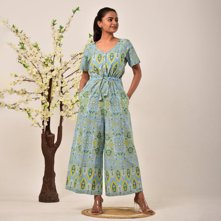 Cotton Sky Blue Handlook Waist Tie Up Jumpsuit
