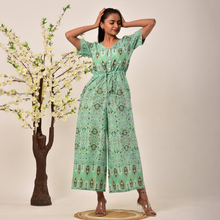 Cotton Sea Green Handlook Waist Tie Up Jumpsuit