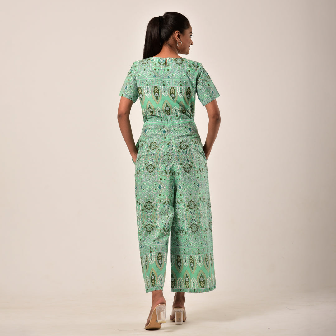 Cotton Sea Green Handlook Waist Tie Up Jumpsuit