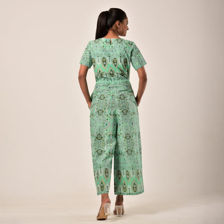 Cotton Sea Green Handlook Waist Tie Up Jumpsuit