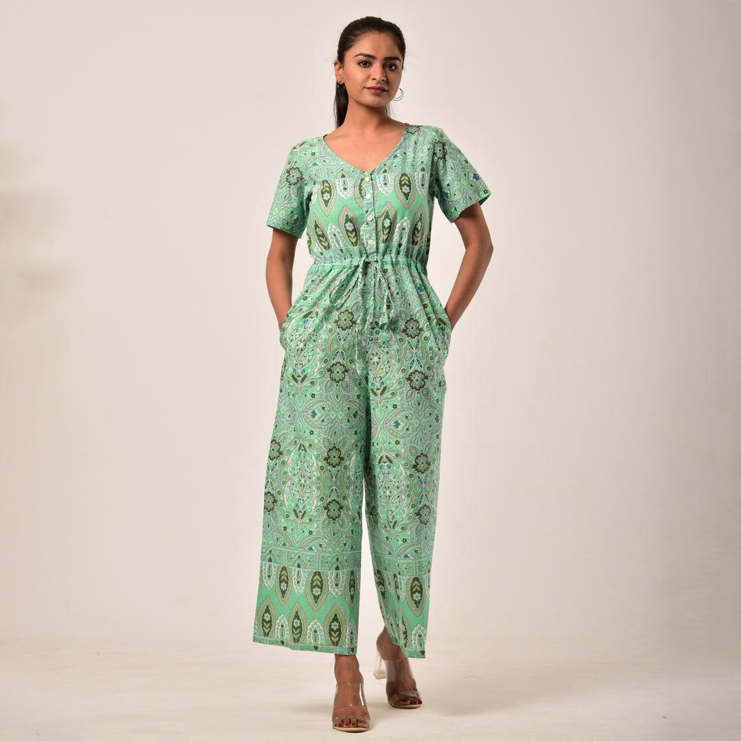 Cotton Sea Green Handlook Waist Tie Up Jumpsuit